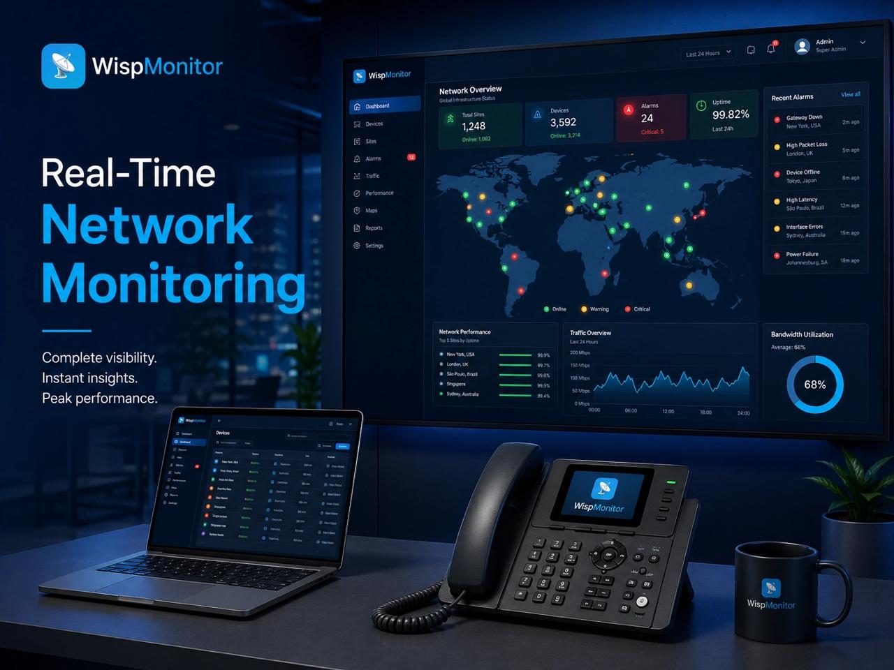 WispMonitor Systems SA real-time network monitoring dashboard showing live device status uptime and alerts for South African ISPs and WISPs